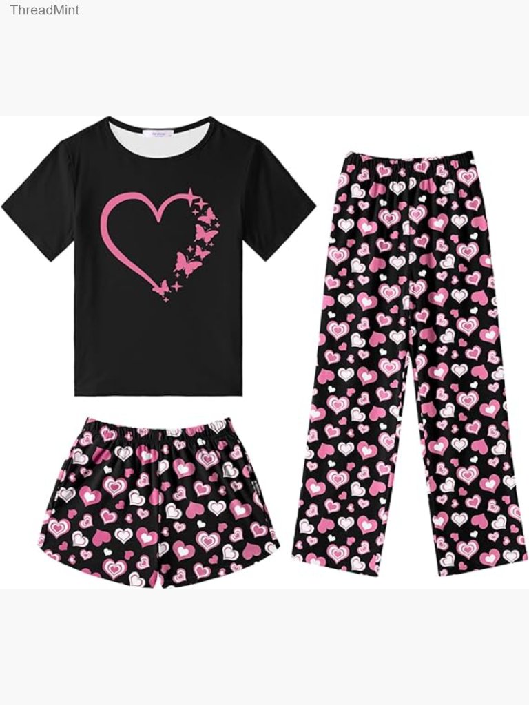 Girls 3pc Short Sleeve Pajama Set With Shorts & Long Pants Soft Summer Sleepwear